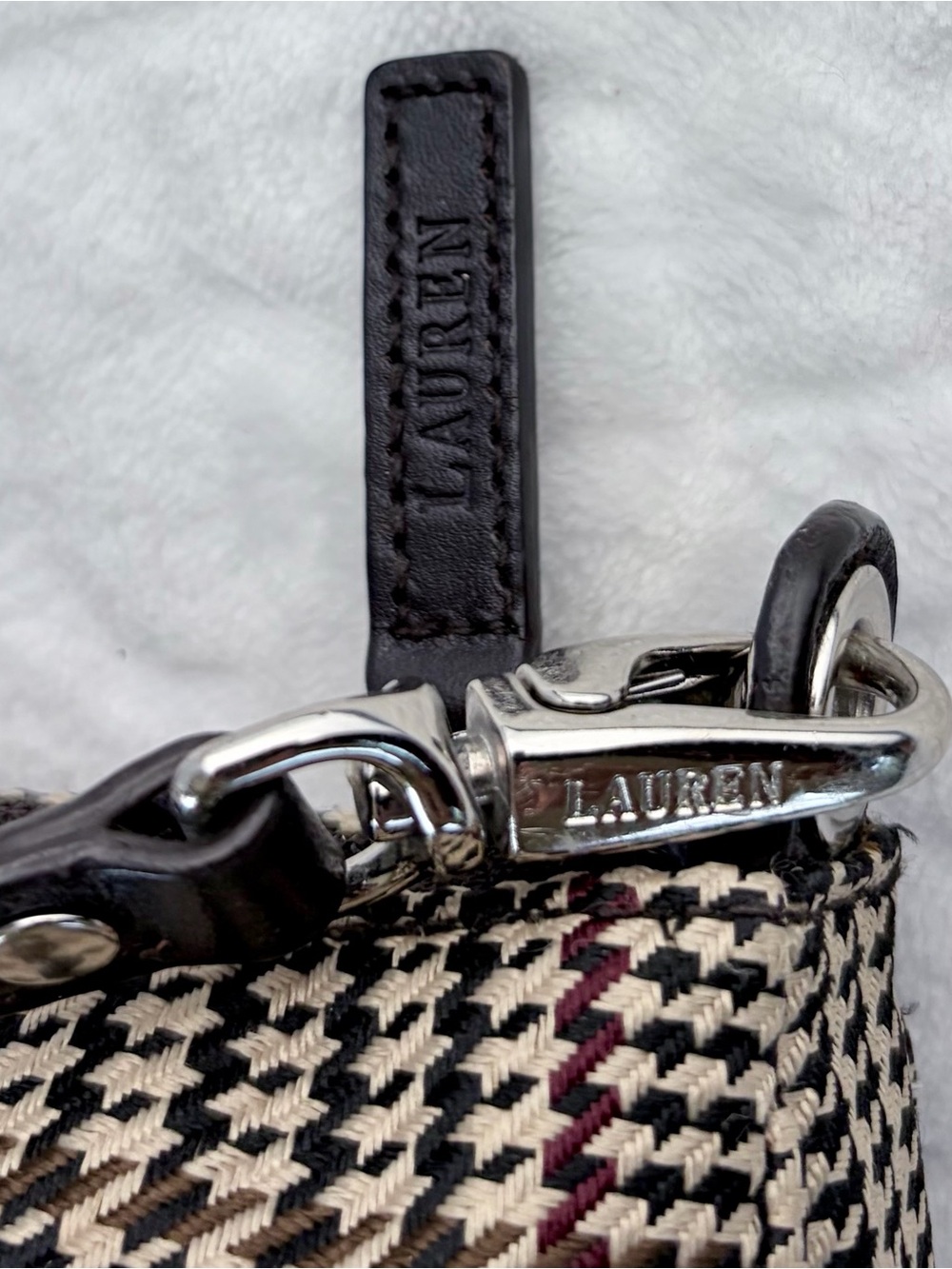Vintage 90s Ralph Lauren Houndstooth Leather Trim Bag Y2K Equestrian Preppy Vibe - Picture 4 of 8